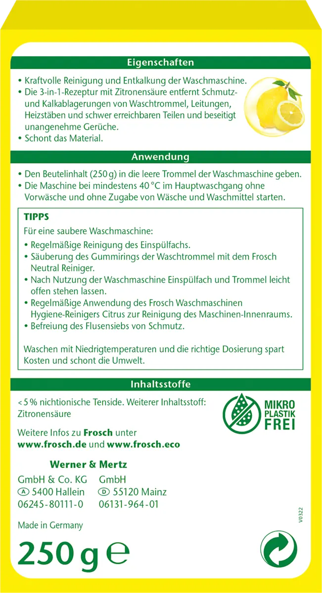 Frosch Hygiënereiniger Wasmachine Citrus 250 g - Afbeelding 2