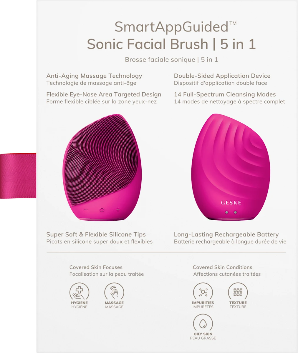 GESKE Sonic Facial Brush 5 in 1 Magenta Diepe Gezichtsreiniging en Massage - Afbeelding 3