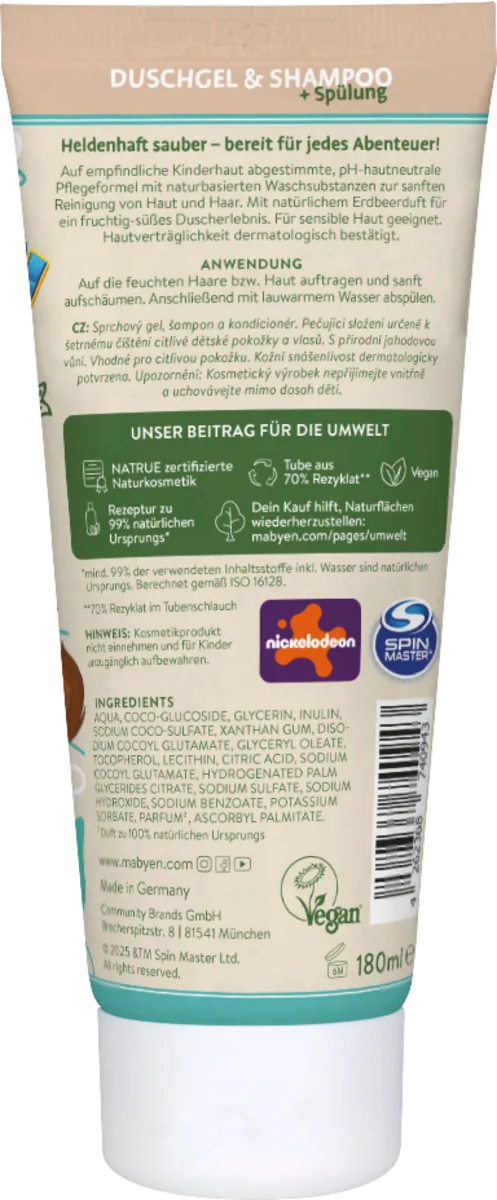 Mabyen Kinder 3‑in‑1 Douchgel, Shampoo & Conditioner Paw Patrol Aardbeigeur 180 ml - Afbeelding 2